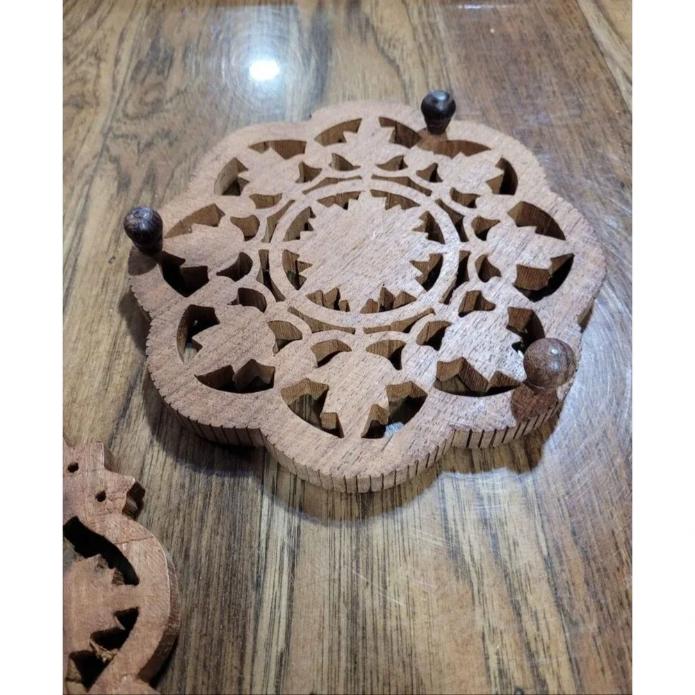 Vintage Teak Wood Hand Carved Trivets Made In India 6